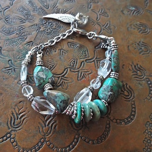 Sterling Silver Plated Two Strand Turquoise and Rock Quartz Boho Bracelet with Feather Charm 8" Long