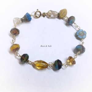 Czech Glass Floral Golden Topaz Carmel and Blue Brass Bracelet 7.75&quot; long