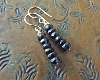 Black Spinel Gemstone Faceted Gold Filled Linear Earrings