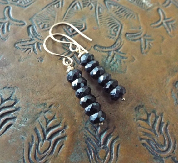 Black Spinel Gemstone Faceted Gold Filled Linear Earrings