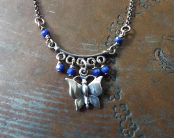 Blue Lapis Lazuli Butterfly Necklace Sterling Silver Beautiful Blue