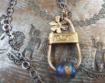 Basha Bead Ocean Sunset Series Bronze Mixed Metal Pendant Necklace 14K GF Hook & Eye Clasp Brass Pattern wire 21" Sterling Chain 2" Pendant