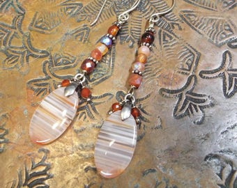 Orange Earrings Sterling Silver SW Dangles Striped Carnelian Agate Rustic Dangles 2.75" Long