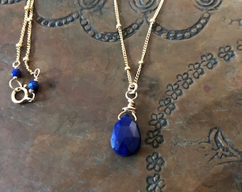 Blue Lapis Lazuli Necklace 14K Gold Filled Satellite Chain 18 Long
