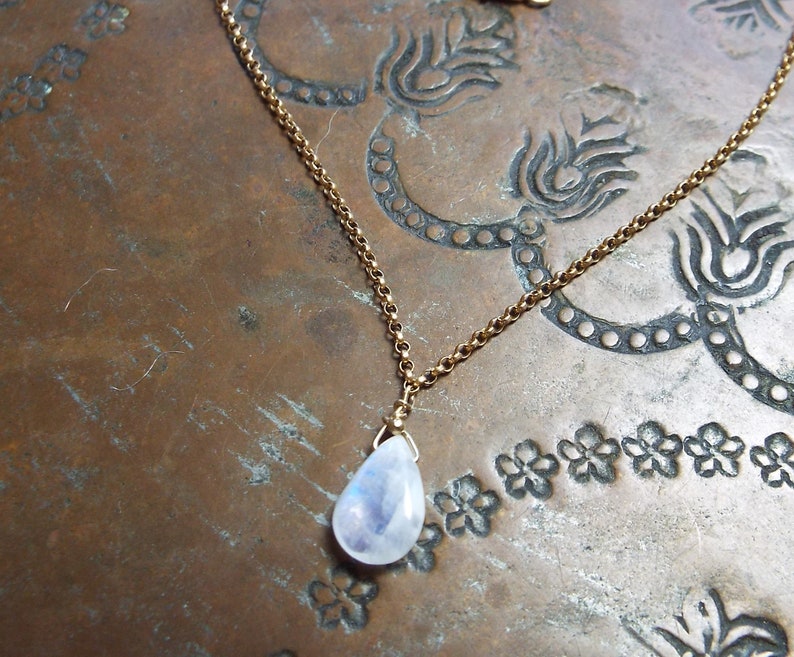 White Moonstone Blue Flash and Gold Filled Chain Anklet 10 inch Lobster clasp