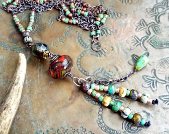 Rustic Boho Artisan Lampwork and Czech Glass and Long Copper Necklace