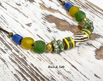 Necklace Unisex Artisan Necklace Krobo Ghana African Glass on Dark Brown leather 18" Long