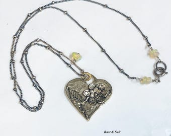 Bronze Heart Necklace with Firey Welo Opal on Sterling Silver Satellite Chain  18 inch with 1" heart