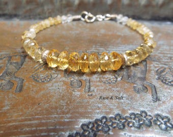 Sterling and Citrine Gemstone Bohemian Bracelet 8" Long Spring ring closure