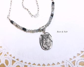 Black Spinel Labradorite Gemstone Necklace: Sterling Silver Owl Pendant