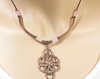Filigree Copper Pendant Necklace: Artisan AB Focal, 16" Leather Cord
