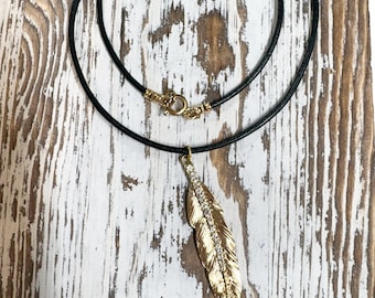 Golden Feather CZ and Black leather necklace 18" Long 2.25" Feather Pendant