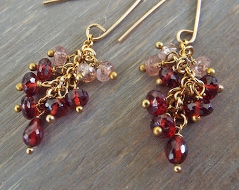 Mozambique Garnet and Oregon Sunstone Gemstone Cluster Earrings 14k gold filled ear wires