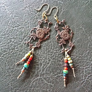 Earrings Artisan Boho Rustic Steel Floral Rusty Patina Shoulder Dusters Long 4&quot; Dangles On 14k Gold Filled Ear Wires