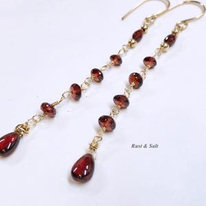 Gorgeous 3.5&quot; Long Garnet Gemstone Earrings Faceted  with Smooth Teardrop 14K Gold filled Dangles. High quality Mozambique Garnets.