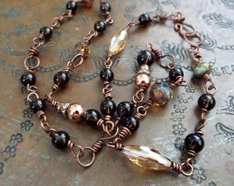 Smoky Quartz Crystal and Czech Glass Brown Hand Forged Copper Link Chain Necklace