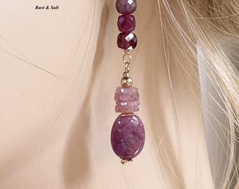 Earrings Genuine Ruby Mixed Style Gemstones 14K Gold filled Dangles .25" Long Linear