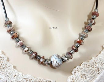 Leopard Map Jasper Gemstone Necklace: Chocolate Leather, Silver Plated, 18"