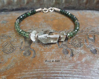 Prasiolite Green Amethyst Apatite and Sterling Silver Handmade Bracelet 8" long