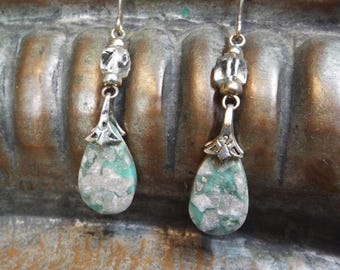 Earrings Variscite & Prasiolite Green Amethyst Gemstone Dangle Sterling Silver Artisan Boho Hand Crafted Drops 2.25" Long