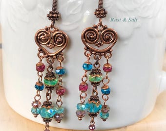 Premium Czech Glass Earrings Multi Color Copper Rustic Earrings Beach Drops 3.25" Long