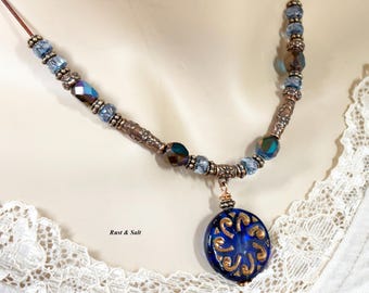 Necklace Boho Leather Copper and Czech Glass Blue Beads 16.5" Long