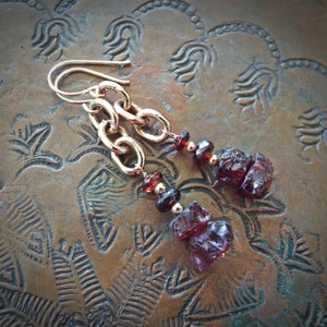 Gorgeous Garnet Gemstone Earrings Faceted and Rough Garnets 14K Gold filled Dangles 2&quot; Long