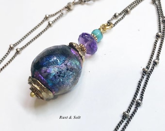 Basha Bead Necklace Mixed Metal Sterling Silver Satellite Chain with Bronze 20" long chain with 1.25" Pendant Drop purple blue colors