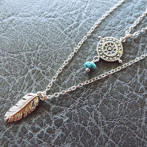 Sierlijke Sterling Zilveren 2 Laags Ketting Delicate Vrouwelijke Ketting 16 "en 20" ketting Kompas Charme met Perzisch Turkoois en Veer