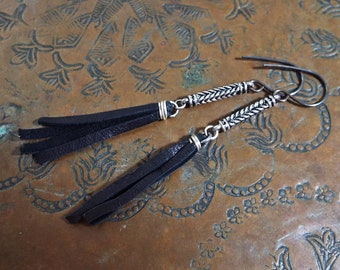 Linear Long Black Leather Cord and Sterling Silver Earrings