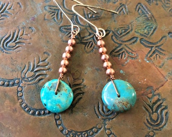 Earrings Turquoise and Solid Copper Rustic Southwestern Dangles with Sterling ear wires 2.25" long