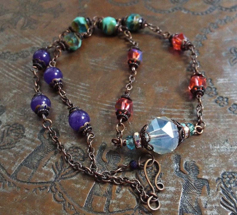 Boho Rustic Beachy Czech Glass Premium Bead and Amethyst Multicolor Necklace on Copper Link Chain