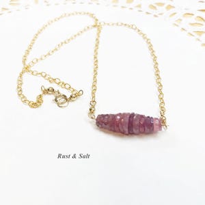 Genuine Faceted Stacked Heishi Bead Ruby Necklace on 14k gold filled crinkled chain 18&quot; Long with a 1&quot; Ruby Stack 5-9MM width of beads