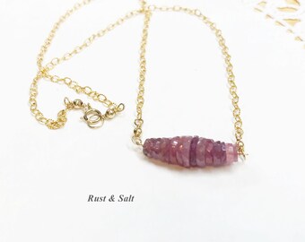 Genuine Faceted Stacked Heishi Bead Ruby Necklace on 14k gold filled crinkled chain 18" Long with a 1" Ruby Stack 5-9MM width of beads