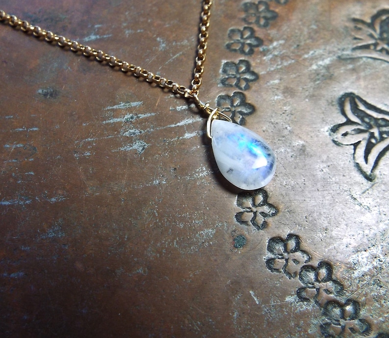 White Moonstone Blue Flash and Gold Filled Chain Anklet 10 inch Lobster clasp