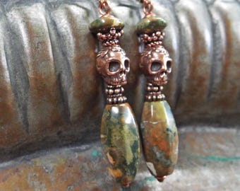 Earrings Copper Skull Rhyolite Rainforest Jasper Green Gemstone and Copper Dangles Drops 2.75" Long