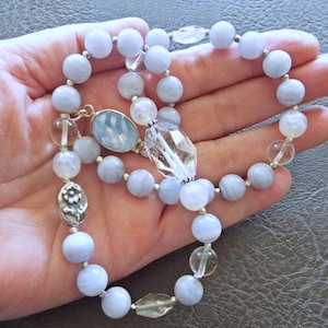 Vintage Sojourner Blue Lace Agate and Rock Quartz Crystal Sterling Silver Beautiful 20&quot; Necklace REMADE from Original and added Parts