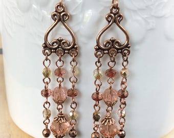Premium Czech Glass Earrings Peachy Color Copper Rustic Earrings Beach Drops 3.25" Long