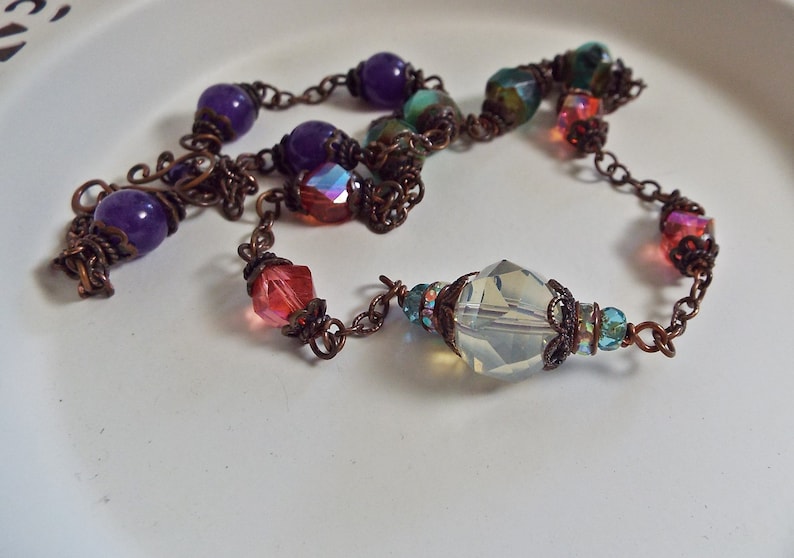 Boho Rustic Beachy Czech Glass Premium Bead and Amethyst Multicolor Necklace on Copper Link Chain
