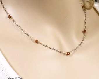 Hessonite Garnet Feminine Stacking Necklace Darkened Sterling Silver and 14K Gold Filled Beautiful 16" long Spring Ring Closure