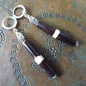 Long Dangling Bone Earrings on Silver Leverbacks