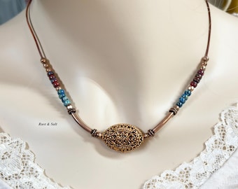 Filigree Copper Pendant Necklace: Artisan Leather Jewelry, 16"