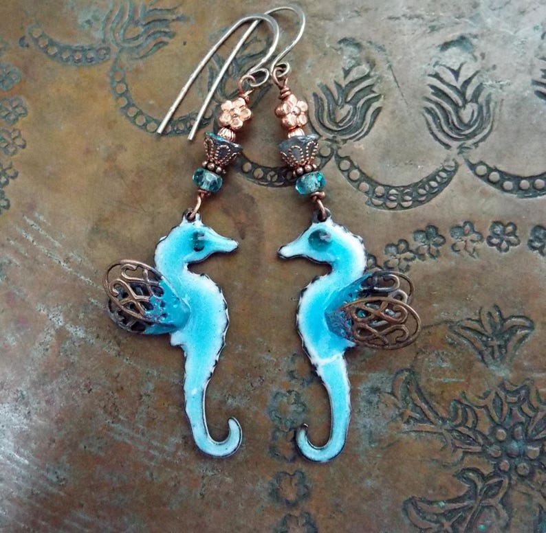 Seahorse Boho Artisan Earrings Enameled Copper and Czech Glass Dangles Sterling Silver Ear Wires