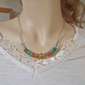 Faceted Citrine and Carnelian Turquoise Sterling Silver Necklace