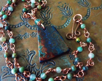 Coral Fossil Colorful Copper Necklace On Moss Agate Copper Chain Hook closure 20" Chain and 1.75" Pendant drop