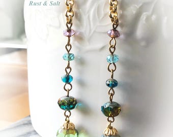 Artisan Czech Glass Long Dangle Chain Earrings Boho NuGold Brass Dangles 3" Long Greens Blue Caramel and Pink