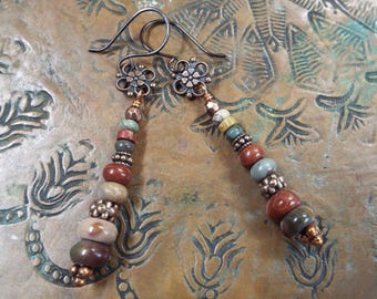 Boho Rustic Copper and Red Creek Jasper Dangle Earrings on Flower Connector Handmade Hook Wires 2.75&quot; Long