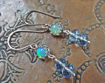 Fire Opal Sterling Silver Dangle Earrings: Blue Quartz Artisan Jewelry