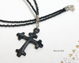 Black Rustic Cross Necklace Sterling Silver and Delicate Black Spinel Faceted Gemstones Necklace 18" Wearable and 1.5" Cross Pendant drop