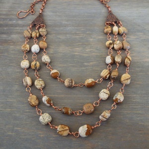 Desert Picture Jasper Gemstone and Copper Necklace 20&quot; wearable length with Hook and eye closure